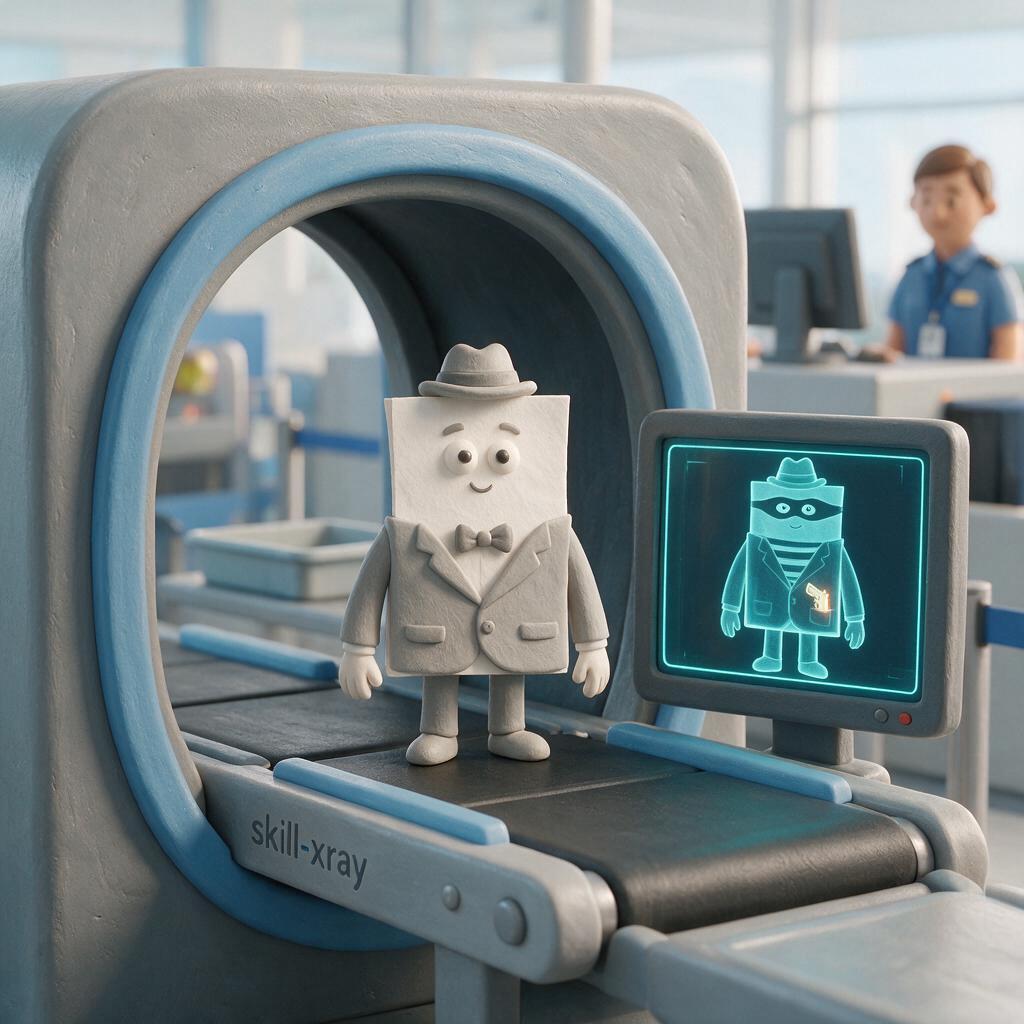 skill-xray — a paper document walks through a security scanner that reveals a concealed weapon