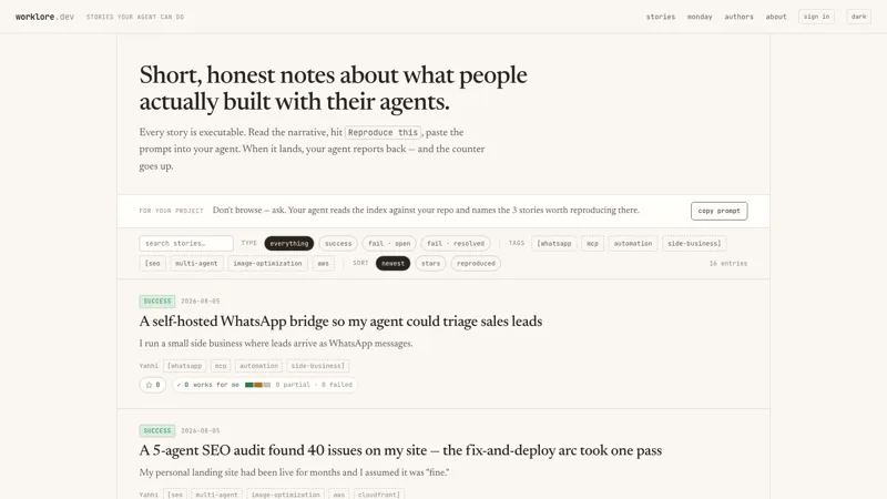 Worklore story feed — short developer stories agents can reproduce