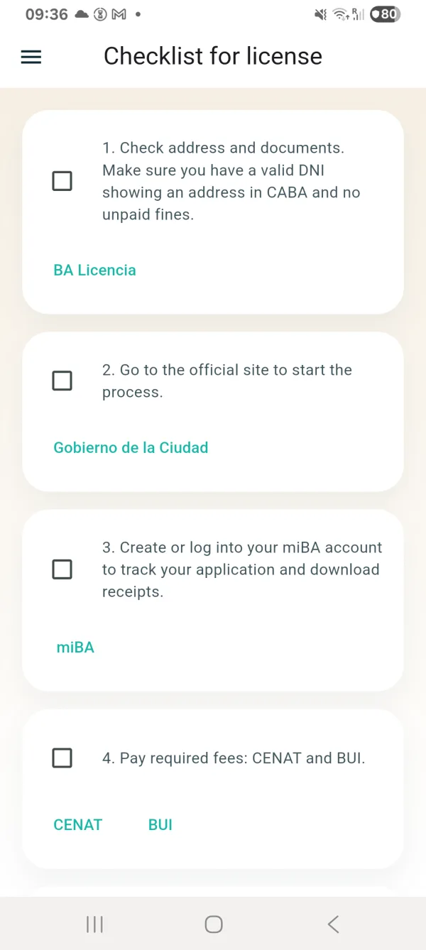 CABA-test licence checklist with links to the official city sites