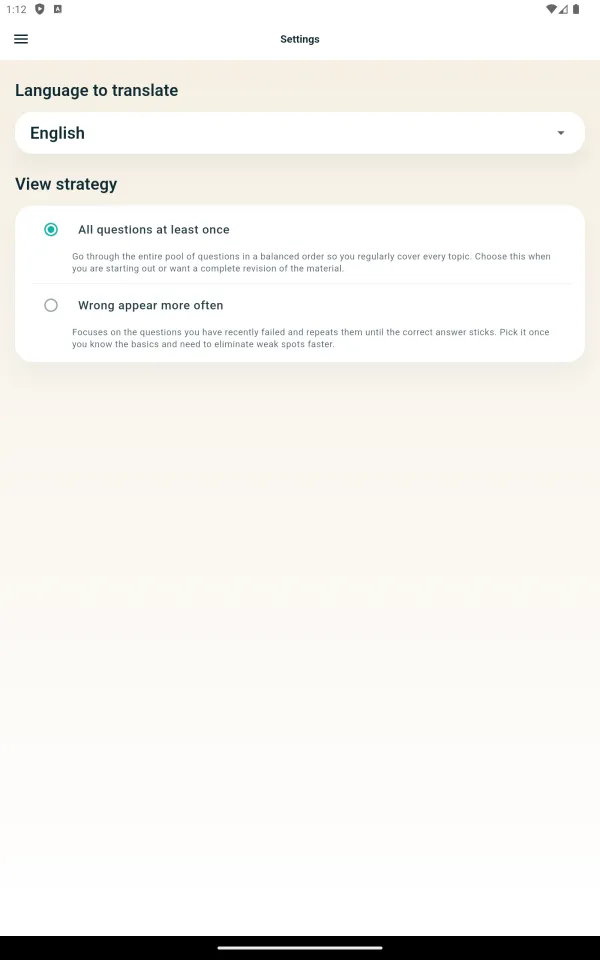 CABA-test learning strategy settings screen
